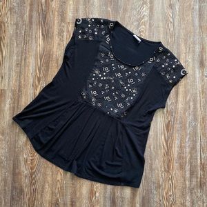 Akemi + Kin Black & Gold Embroidered Short Sleeve Blouse